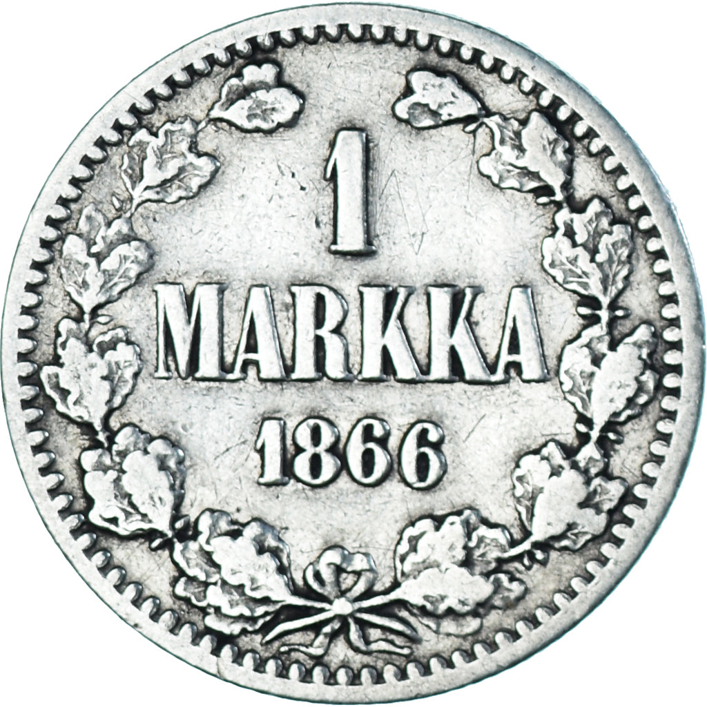 Moneda, Finlandia, Alexander II, Markka, 1866, Helsinki, BC+, Plata, KM:3.1