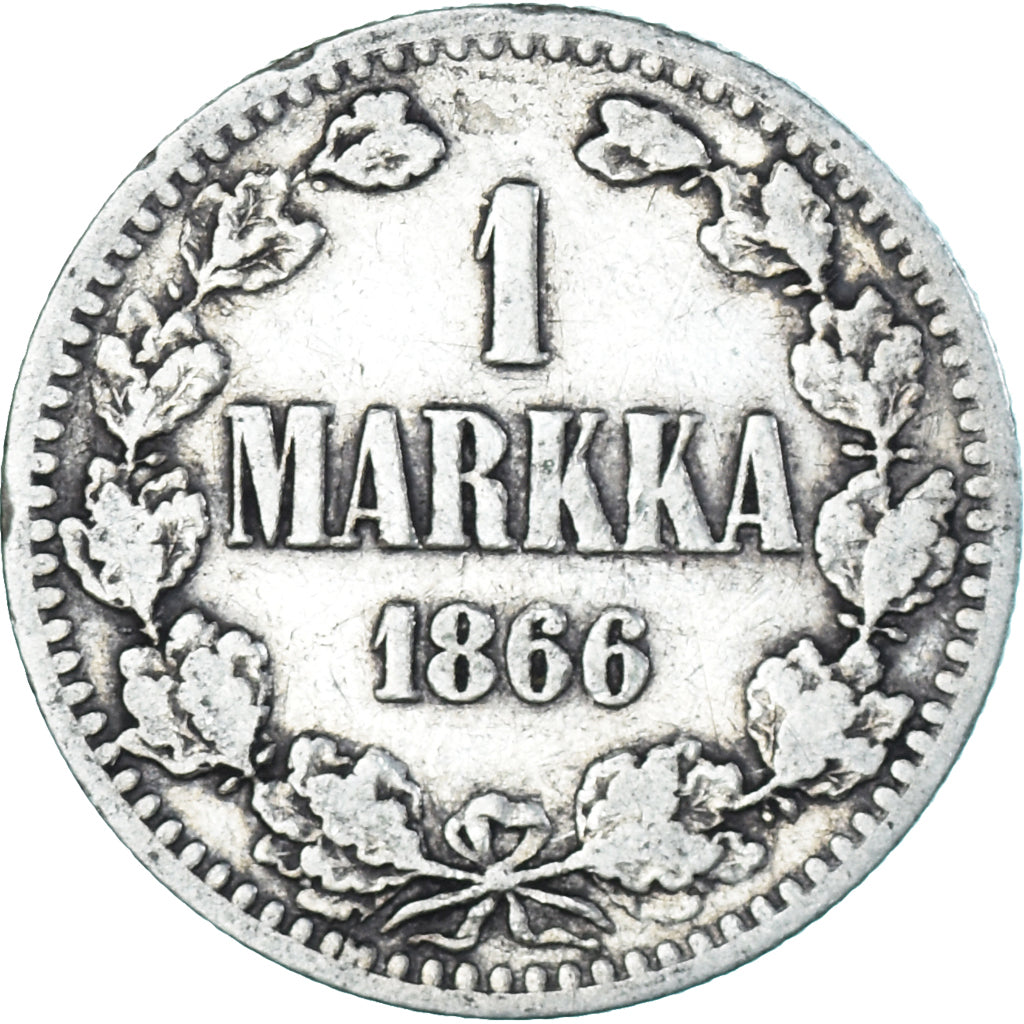 Moneda, Finlandia, Alexander II, Markka, 1866, Helsinki, BC+, Plata, KM:3.1