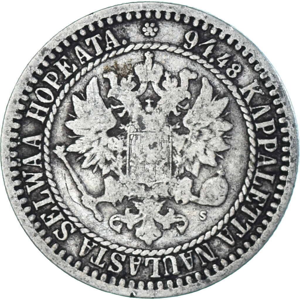 Moneda, Finlandia, Alexander II, Markka, 1866, Helsinki, BC+, Plata, KM:3.1