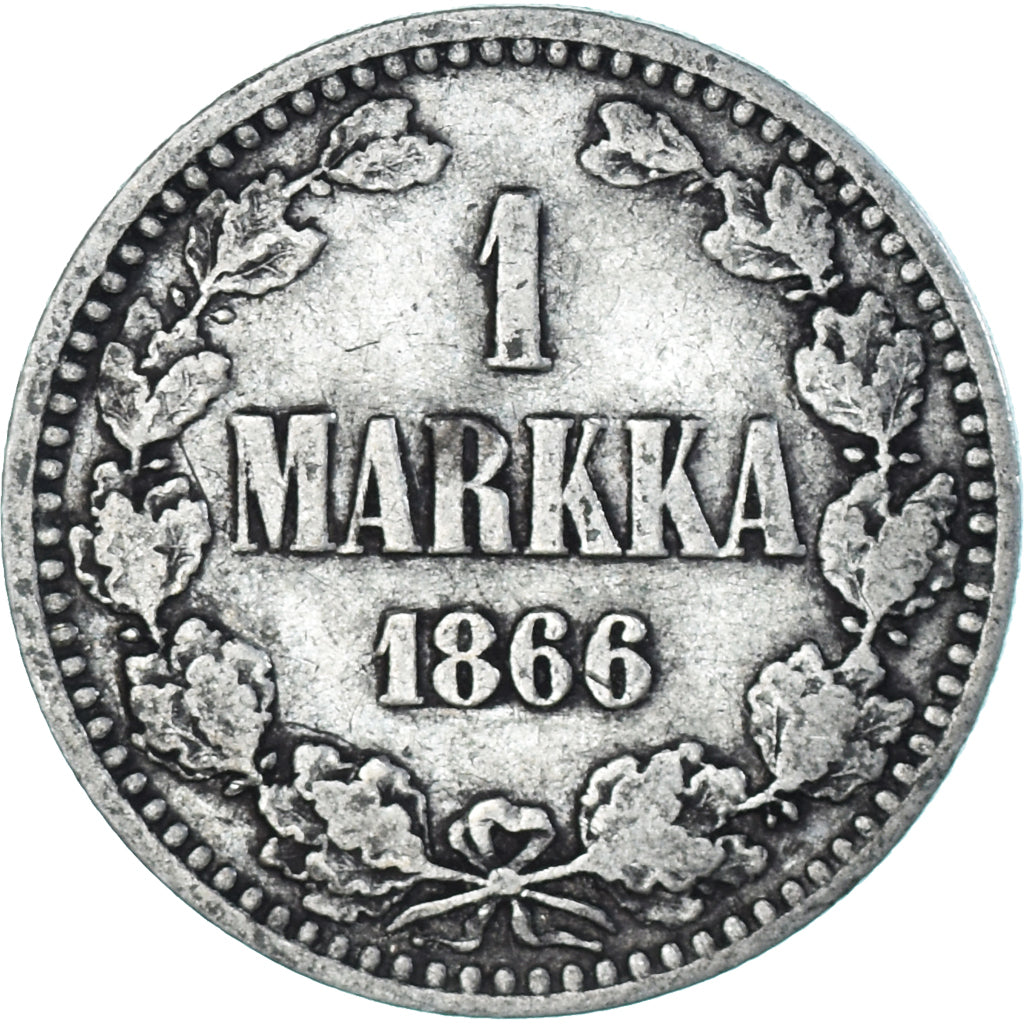 Moneda, Finlandia, Alexander II, Markka, 1866, Helsinki, BC+, Plata, KM:3.1