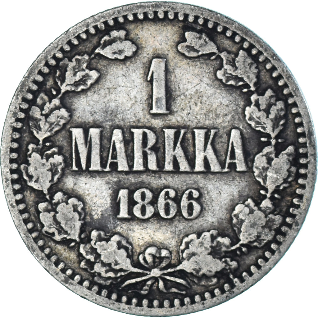 Moneda, Finlandia, Alexander II, Markka, 1866, Helsinki, BC+, Plata, KM:3.1