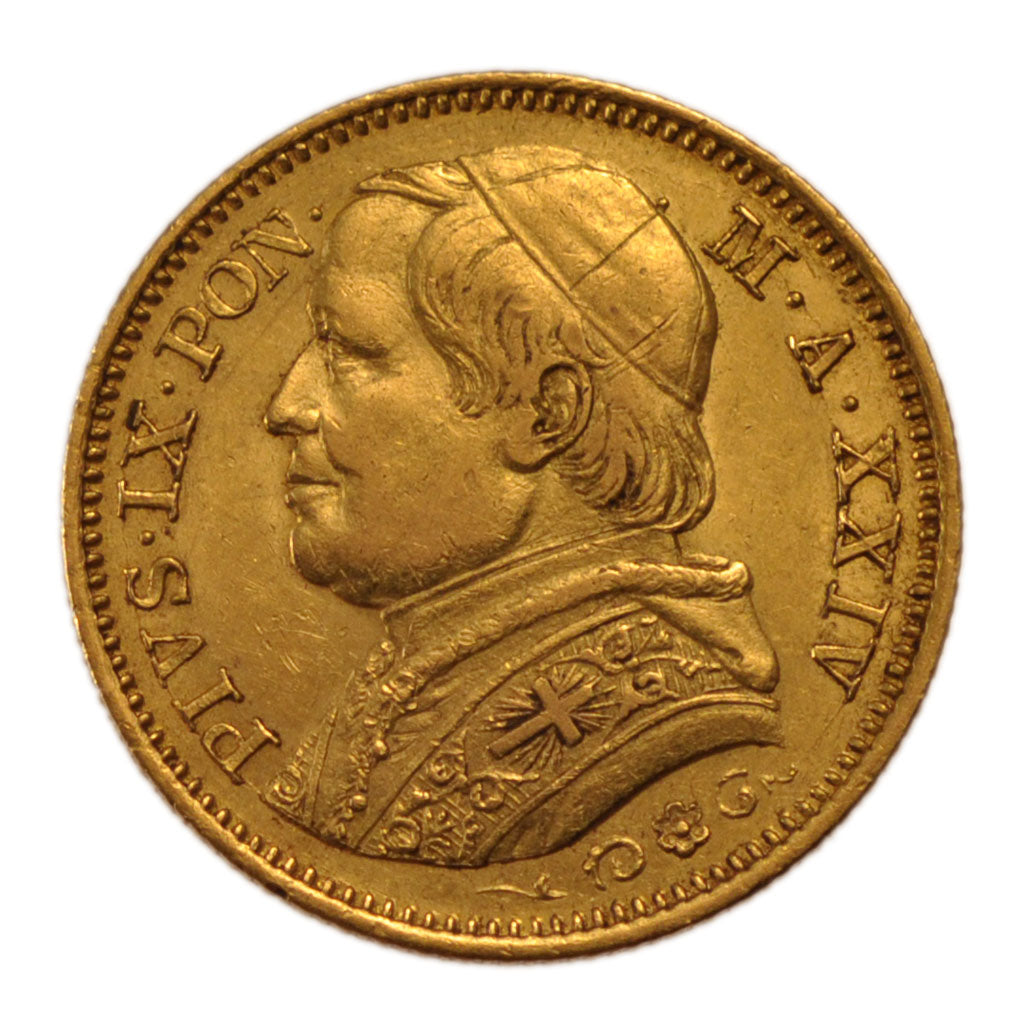 Vatican, 20 Lire, 1870, Roma, KM #1382, AU(50-53), Gold, 6.40