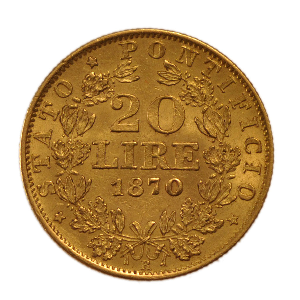 Vatican, 20 Lire, 1870, Roma, KM #1382, AU(50-53), Gold, 6.40