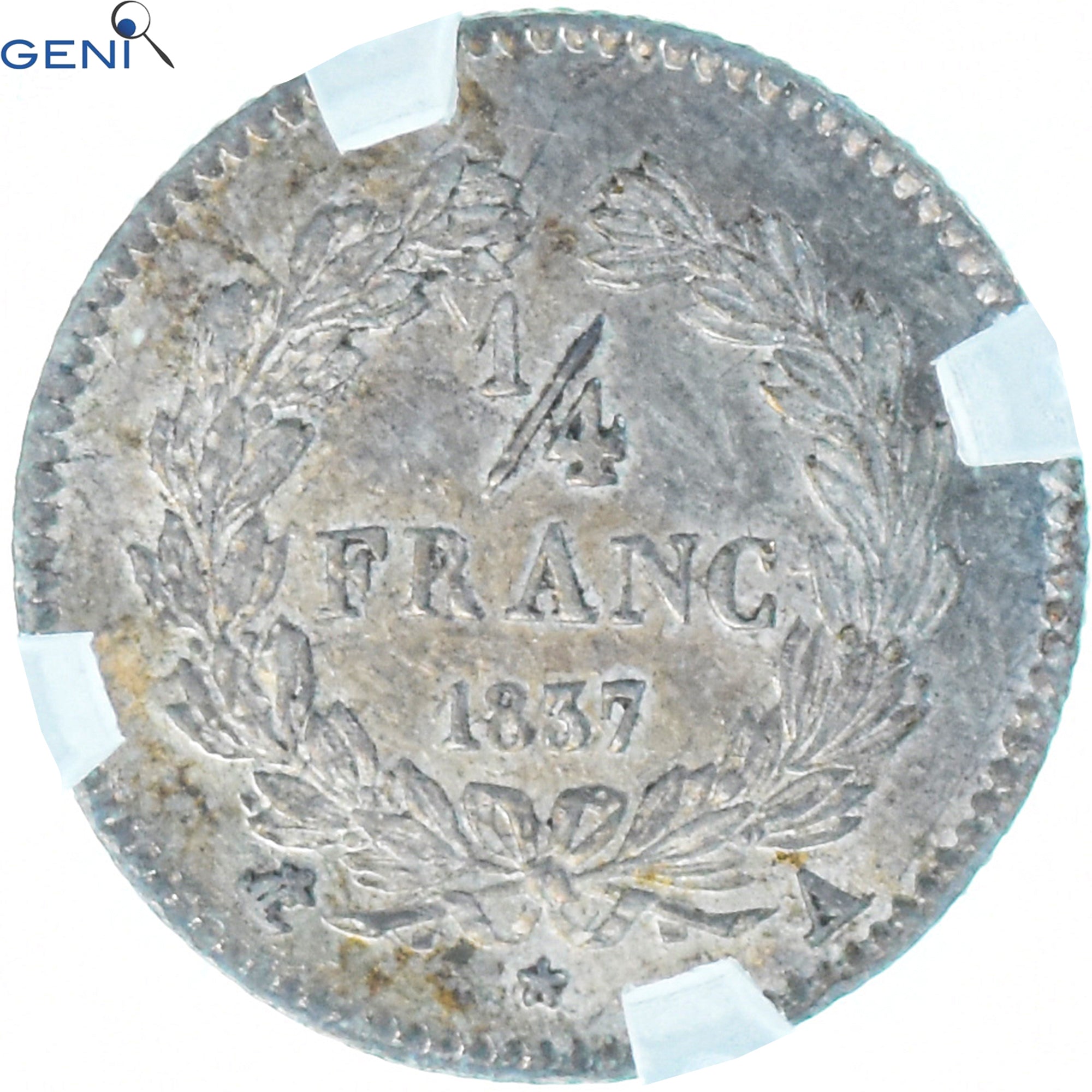 Moeda, França, Louis-Philippe I, 1/4 Franc, 1837, Paris, GENI, UNC-Envt Damage