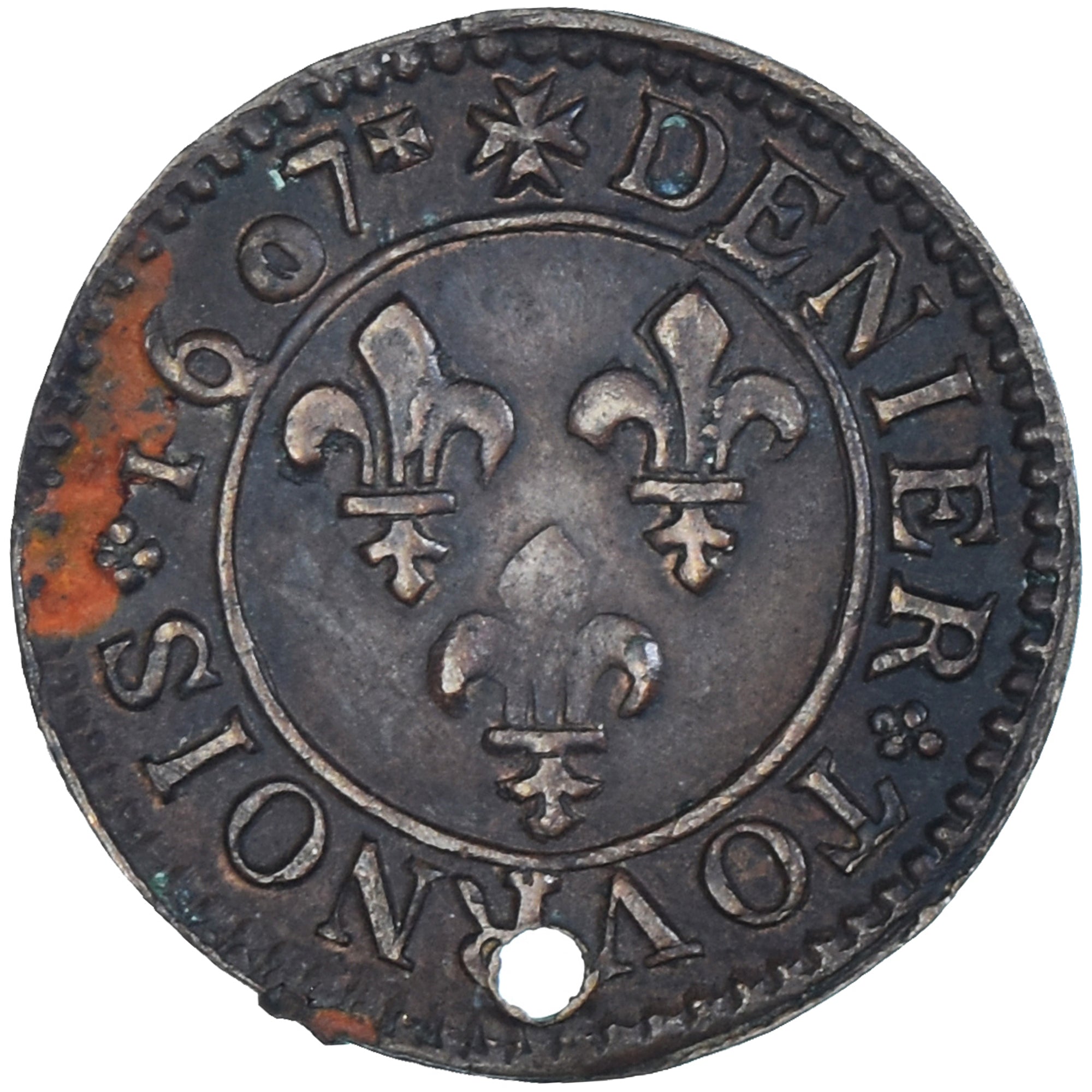 Münze, Frankreich, Henri IV, Denier Tournois, 1607, Lyon, SS+, Kupfer