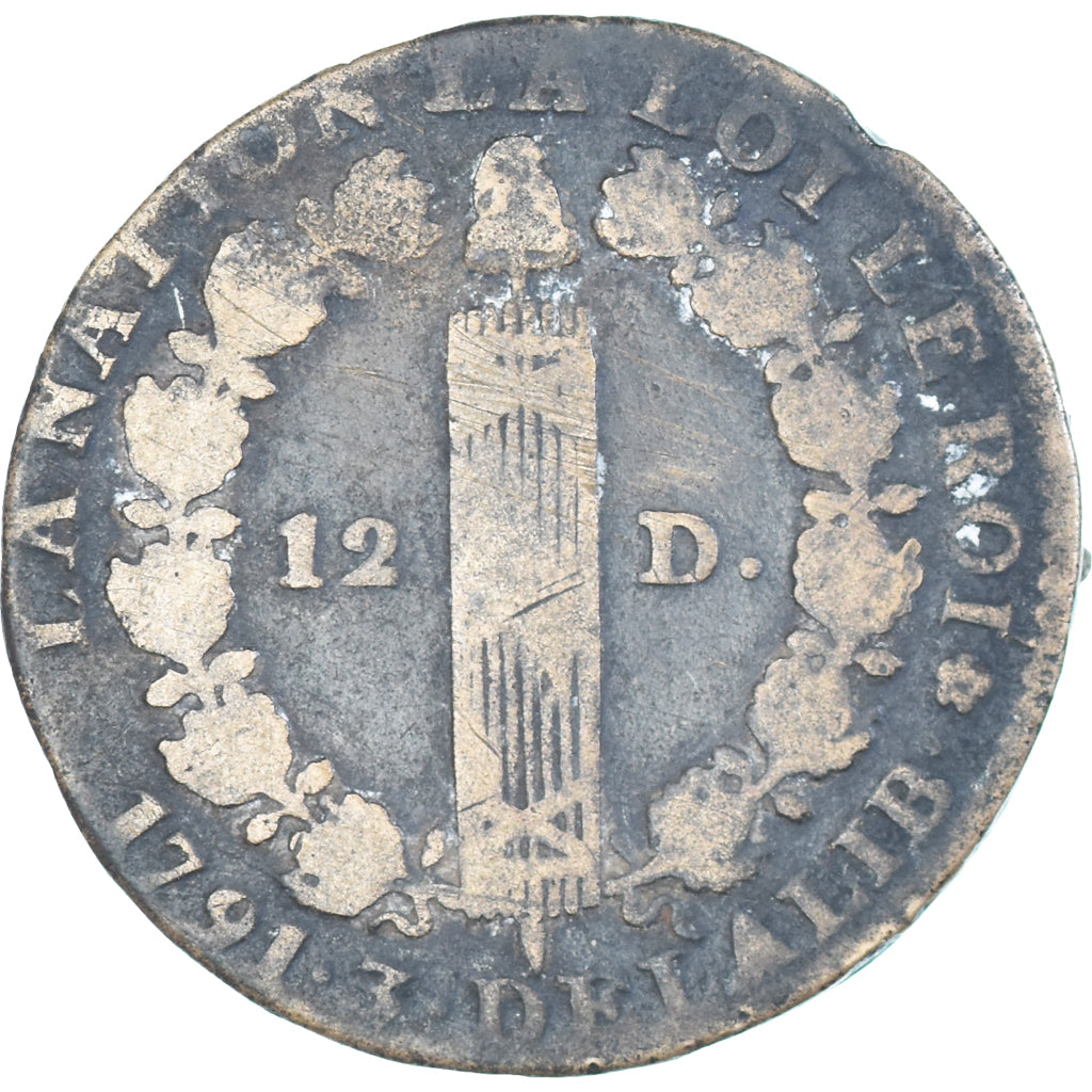Moeda, França, Louis XVI, 12 Deniers, 1791·3, Paris, VF(20-25), Métal de