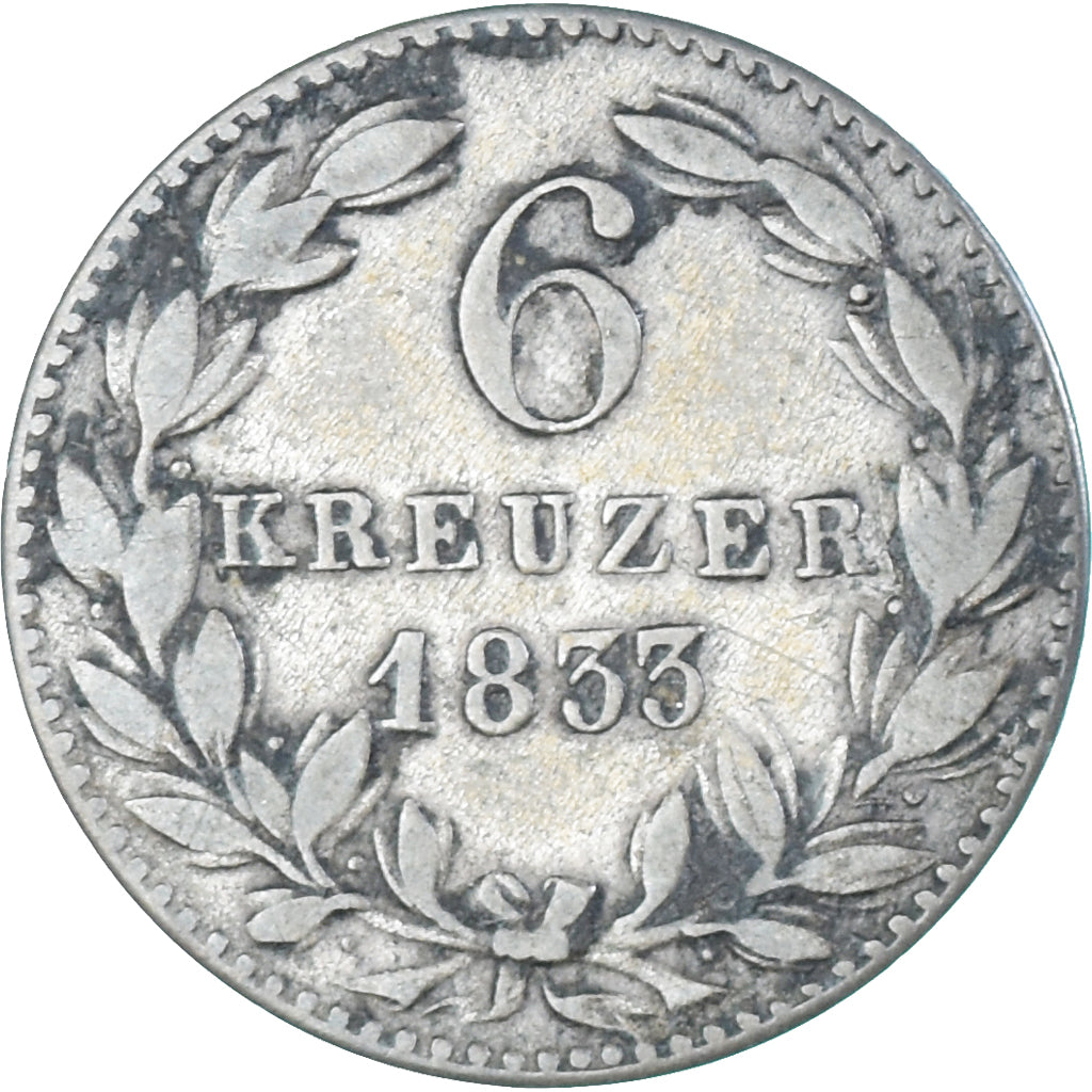Coin, German States, NASSAU, Wilhelm I, 6 Kreuzer, 1833, EF(40-45), Silver