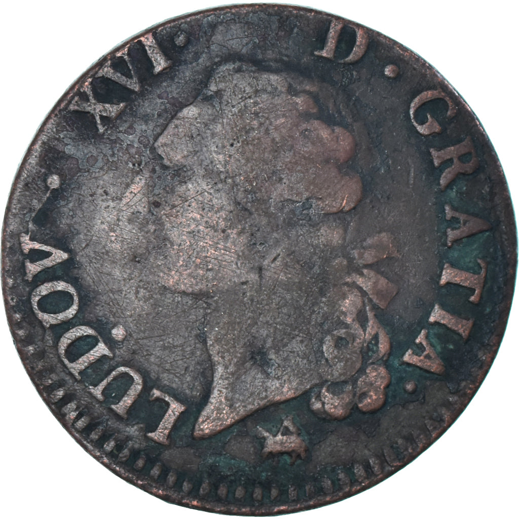 Moneda, Francia, Louis XVI, Sol, 1791, Rouen, BC+, Cobre, KM:578.3, Gadoury:350