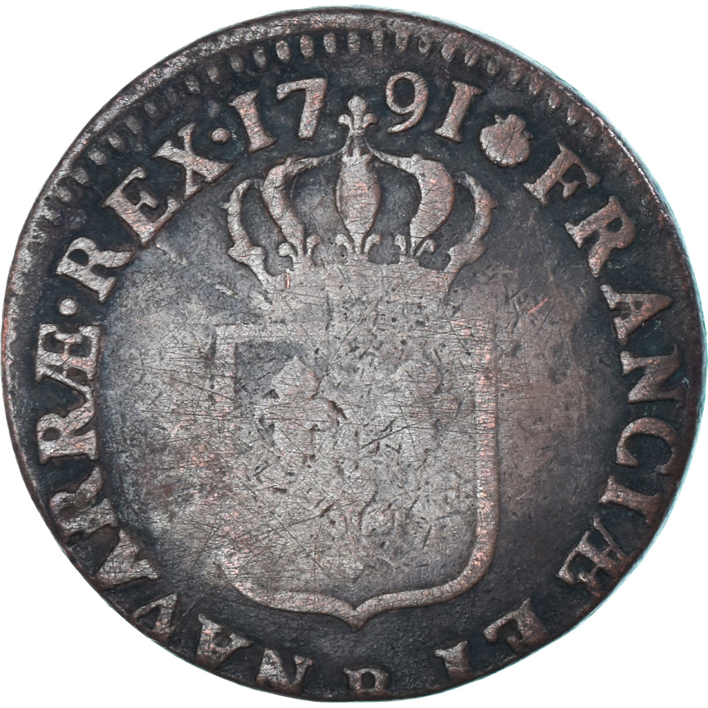 Moneda, Francia, Louis XVI, Sol, 1791, Rouen, BC+, Cobre, KM:578.3, Gadoury:350