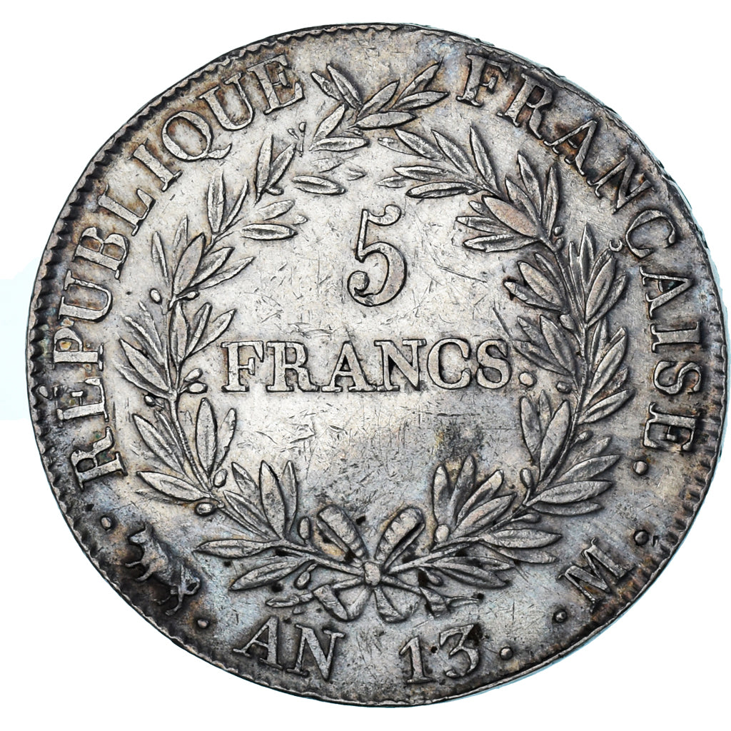 Moeda, França, Napoleon I, 5 Francs, AN 13, Toulouse, AU(50-53), Prata