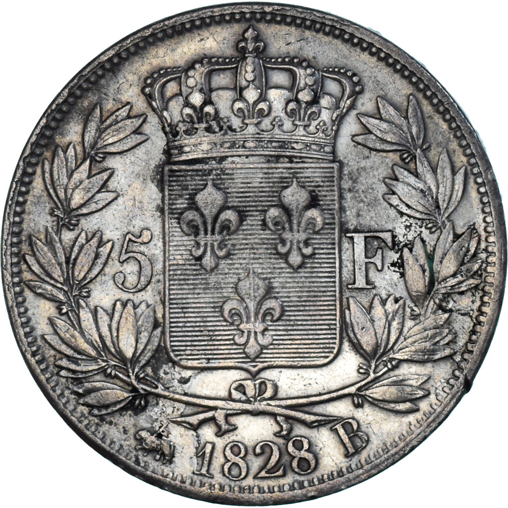Moeda, França, Charles X, 5 Francs, 1828, Rouen, AU(50-53), Prata, KM:728.2