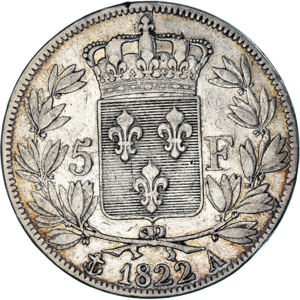 Moneta, Francia, Louis XVIII, 5 Francs, 1822, Paris, MB+, Argento, KM:711.1