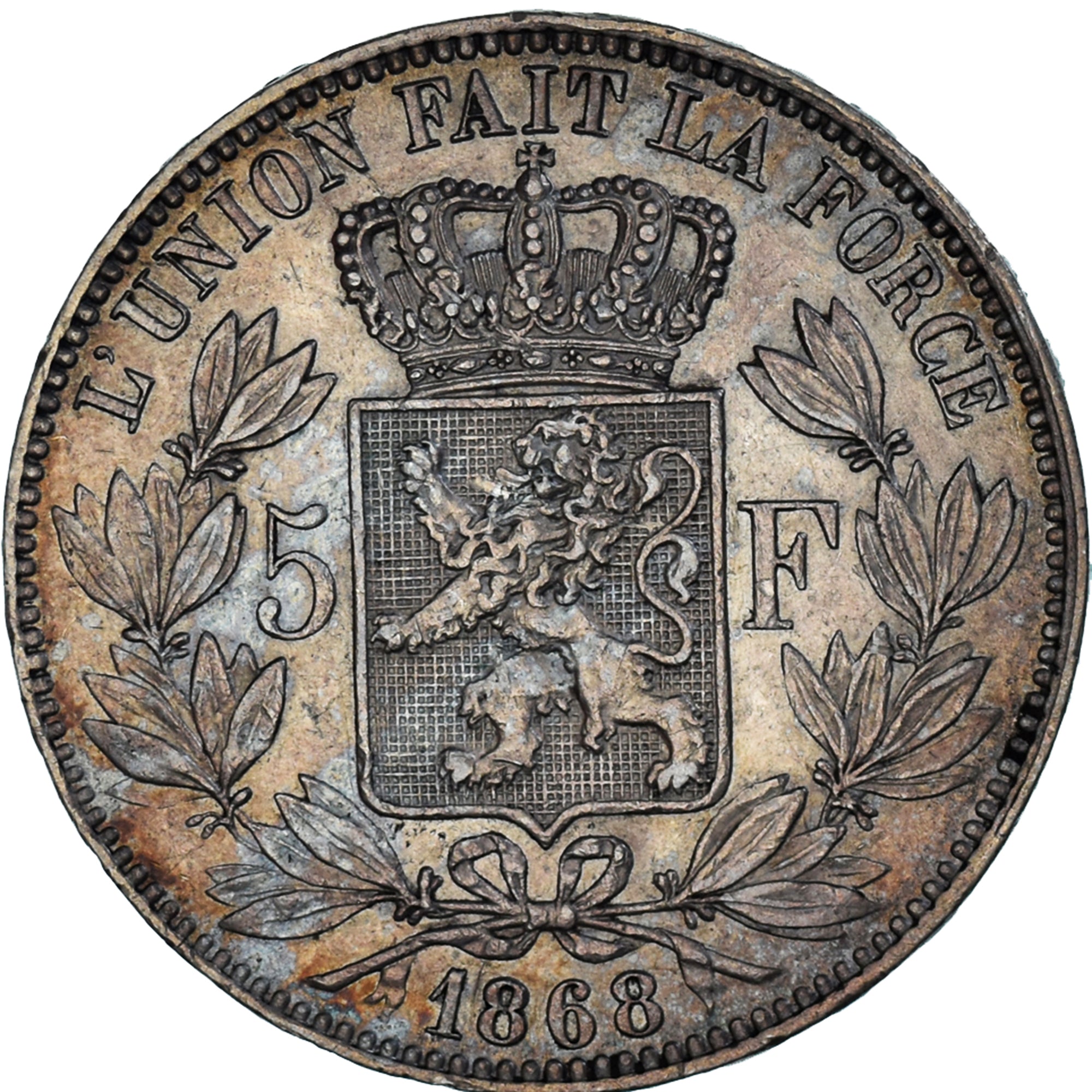 Coin, Belgium, Leopold II, 5 Francs, 1868, AU(55-58), Silver, KM:24