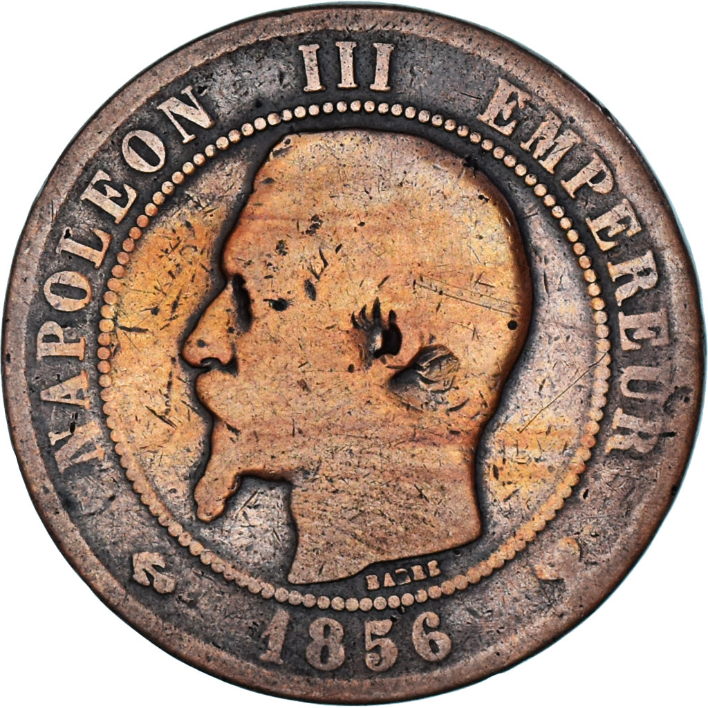 Moeda, França, Napoleon III, 10 Centimes, 1856, Lille, F(12-15), Bronze
