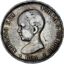 Coin, Spain, Alfonso XIII, 5 Pesetas, 1891, Madrid, VF(30-35), Silver, KM:689