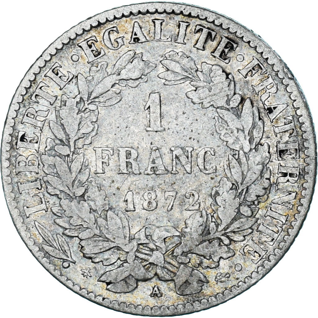 Moneda, Francia, Cérès, 1 Franc, 1872, Paris, BC+, Plata, KM:822.1