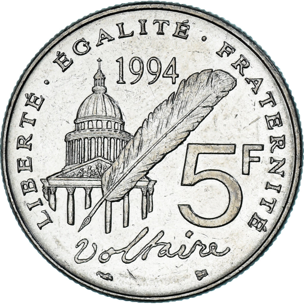 Moneda, Francia, Voltaire, 5 Francs, 1994, Paris, EBC, Níquel recubierto de