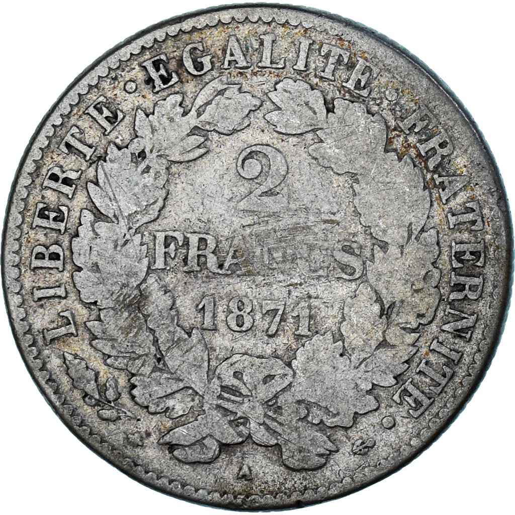 Moeda, França, Cérès, 2 Francs, 1871, Paris, VF(20-25), Prata, Gadoury:530
