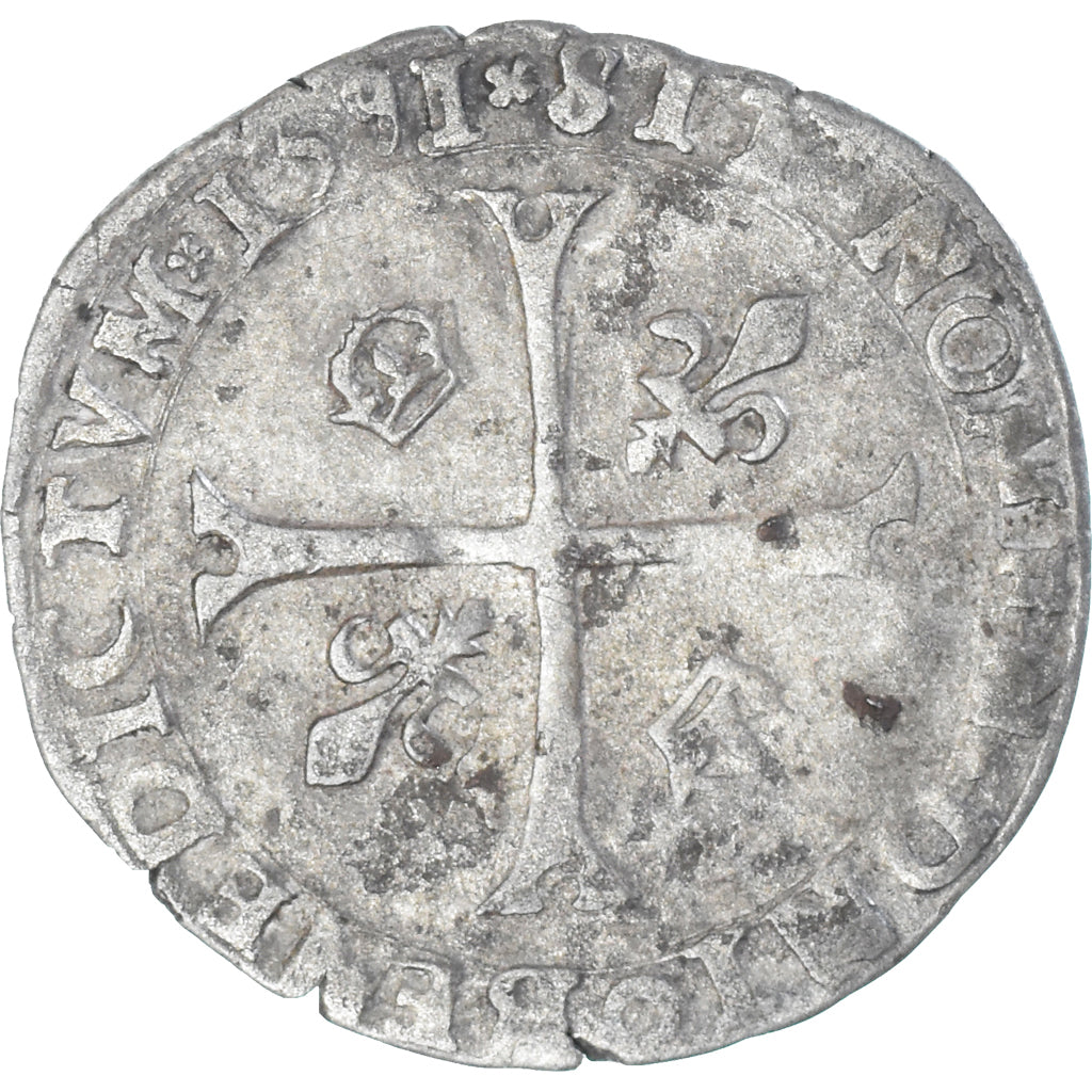 Moneda, Francia, Henri IV, Douzain aux deux H, 1591, La Rochelle, 2nd type, MBC