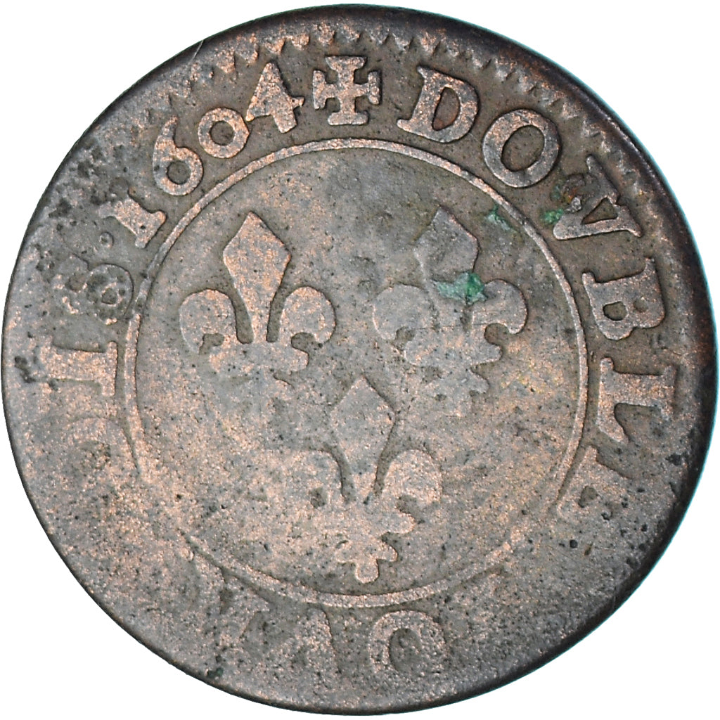 Moneda, Francia, Henri IV, Double Tournois, 1604, Paris, BC+, Cobre, CGKL:222