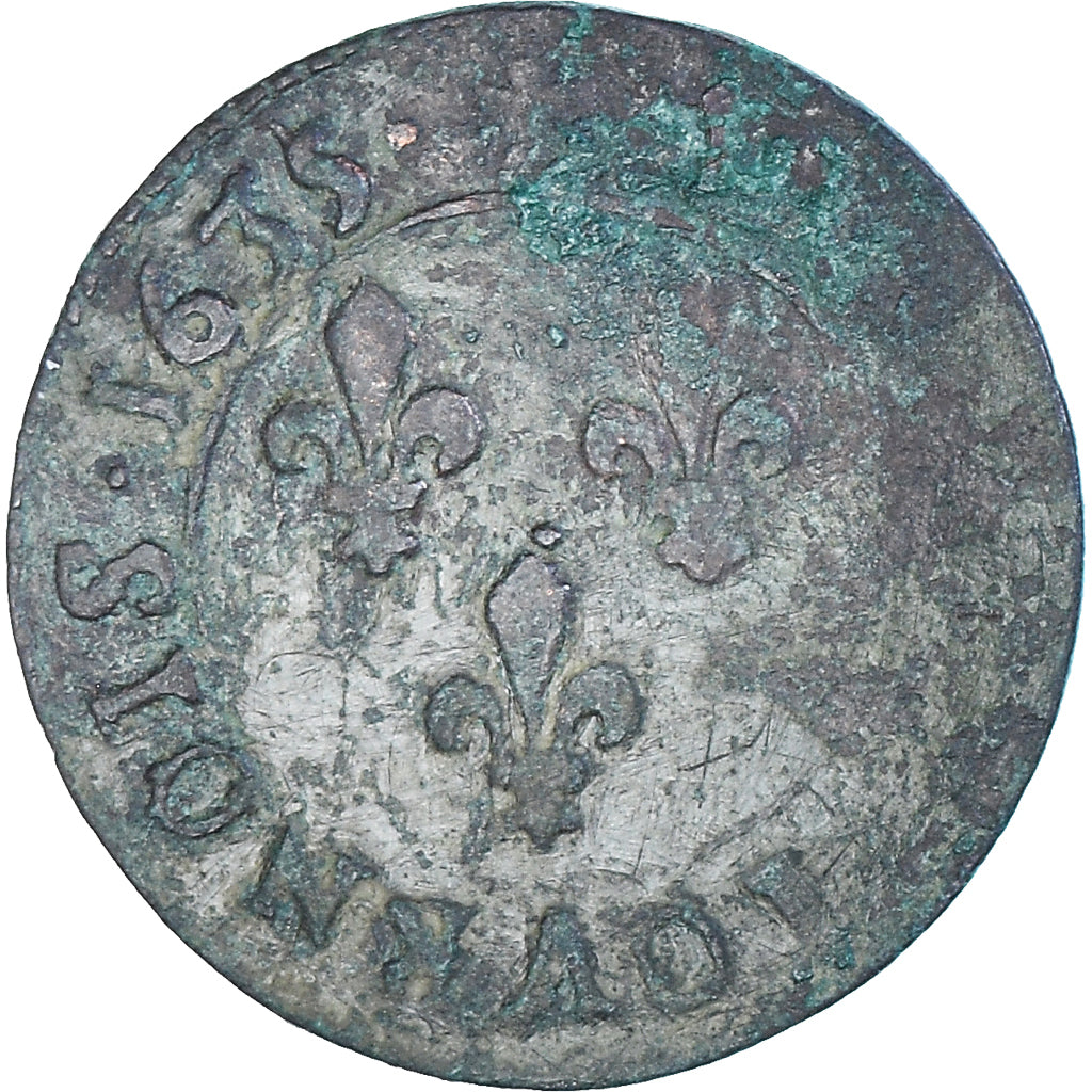 Moneta, Francia, Louis XIII, Double Tournois, 1635, Saint-Palais, BB+, Rame