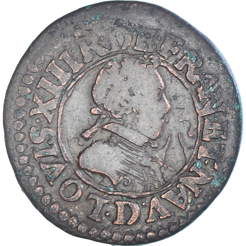 Moneta, Francia, Louis XIII, Double Tournois, 1618, Lyon, MB, Rame, CGKL:344