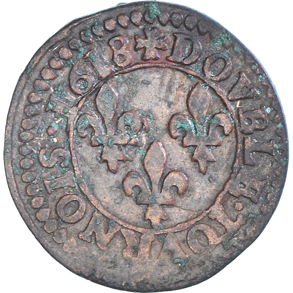 Moneta, Francia, Louis XIII, Double Tournois, 1618, Lyon, MB, Rame, CGKL:344