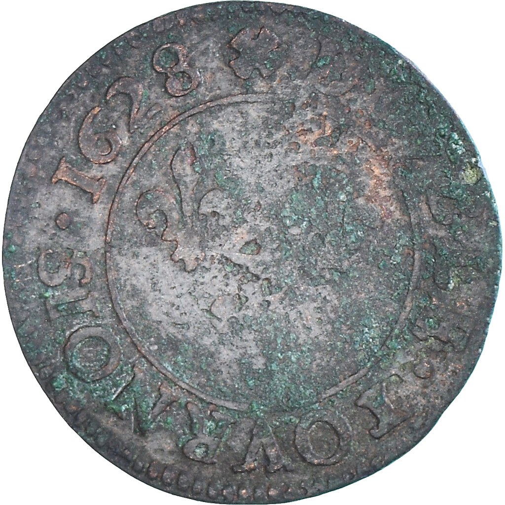 Coin, France, Louis XIII, Double Tournois, 1628, Lyon, VF(20-25), Copper