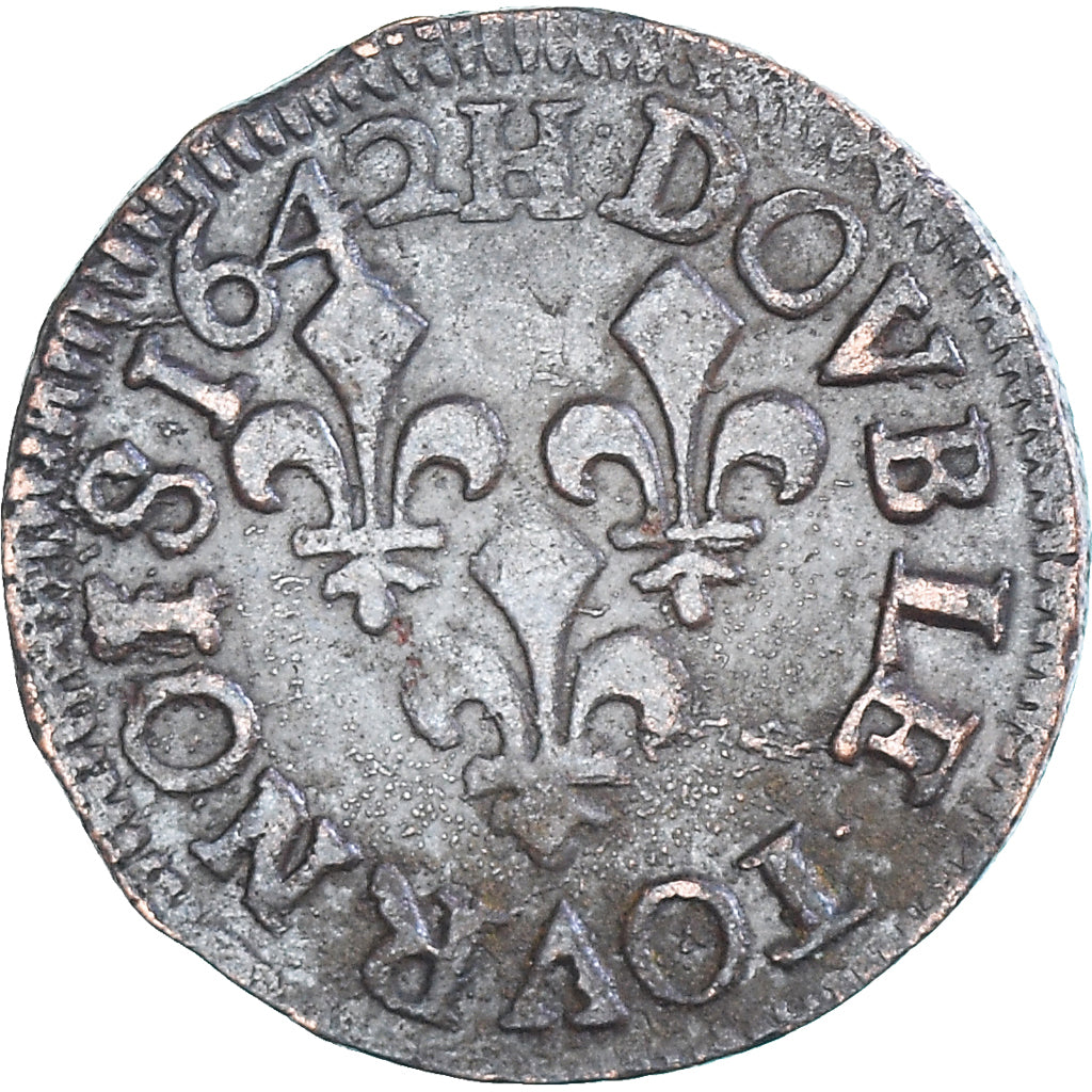 Moneta, Francja, Louis XIII, Double Tournois, 1642, La Rochelle, Type de Warin