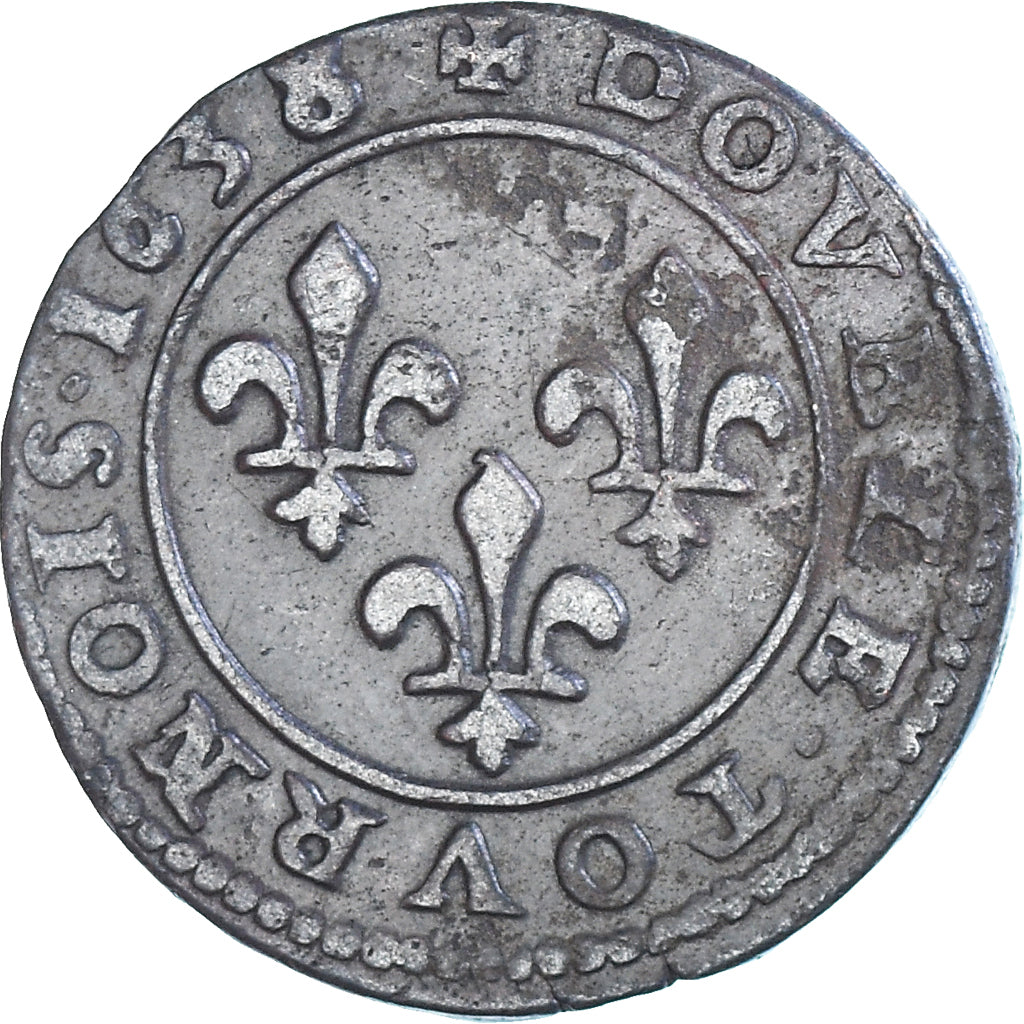 Moeda, França, Louis XIII, Double Tournois, 1638, Axe Loire-Rhône, AU(50-53)