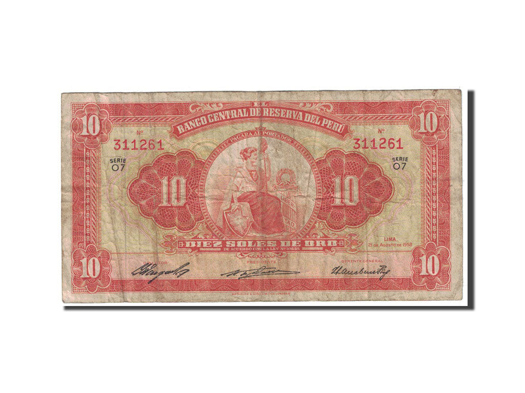 Banknote, Peru, 10 Soles, 1958, 1958-08-21, KM:82, VF(20-25)