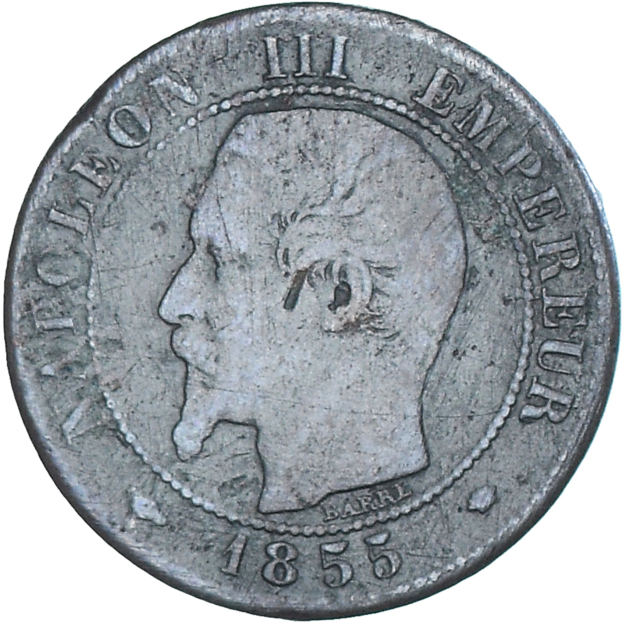 Moneta, Francia, Napoleon III, Centime, 1855, Marseille, MB+, Bronzo, KM:775.6