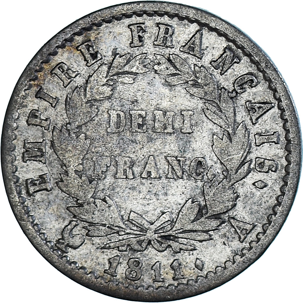 Moneda, Francia, Napoleon I, Demi Franc, 1811, Paris, MBC, Plata, KM:691.1