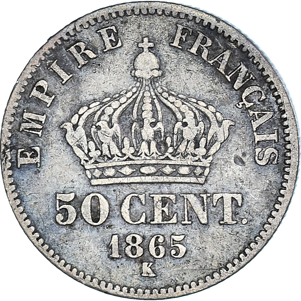 Monnaie, France, Napoleon III, 50 Centimes, 1865, Bordeaux, TB, Argent