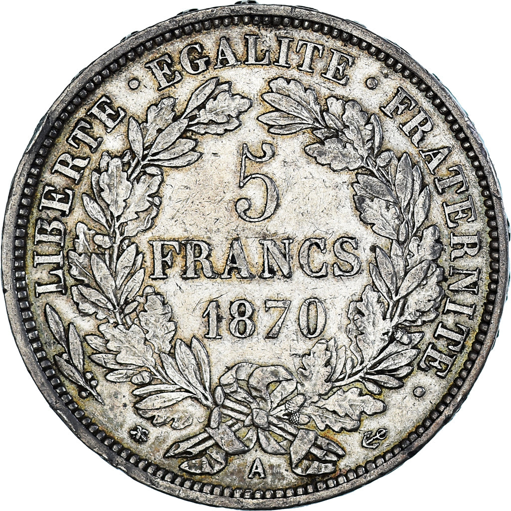 Moneda, Francia, Cérès, 5 Francs, 1870, Paris, MBC+, Plata, Gadoury:743