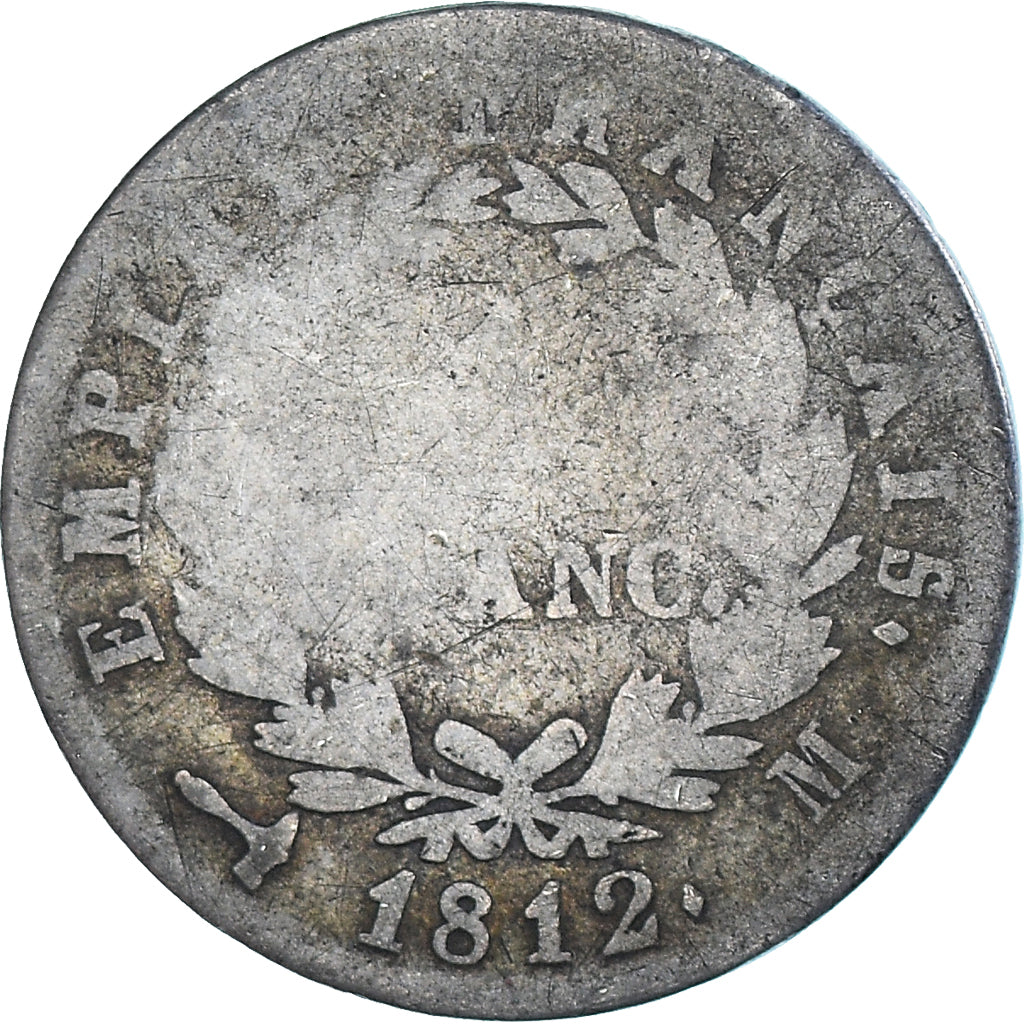 Moeda, França, Napoleon I, 1 Franc, 1812, Toulouse, VF(20-25), Prata
