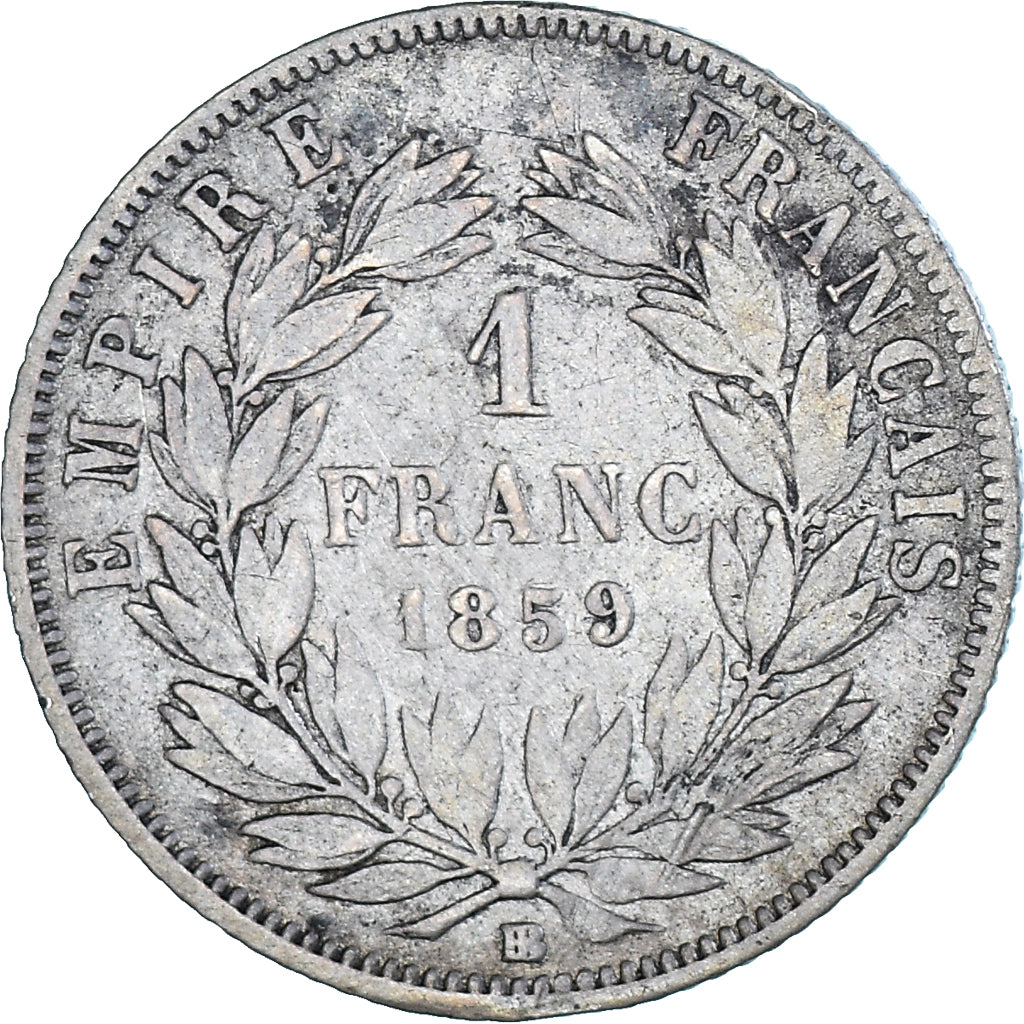 Moneda, Francia, Napoleon III, 1 Franc, 1859, Strasbourg, BC+, Plata, KM:779.2
