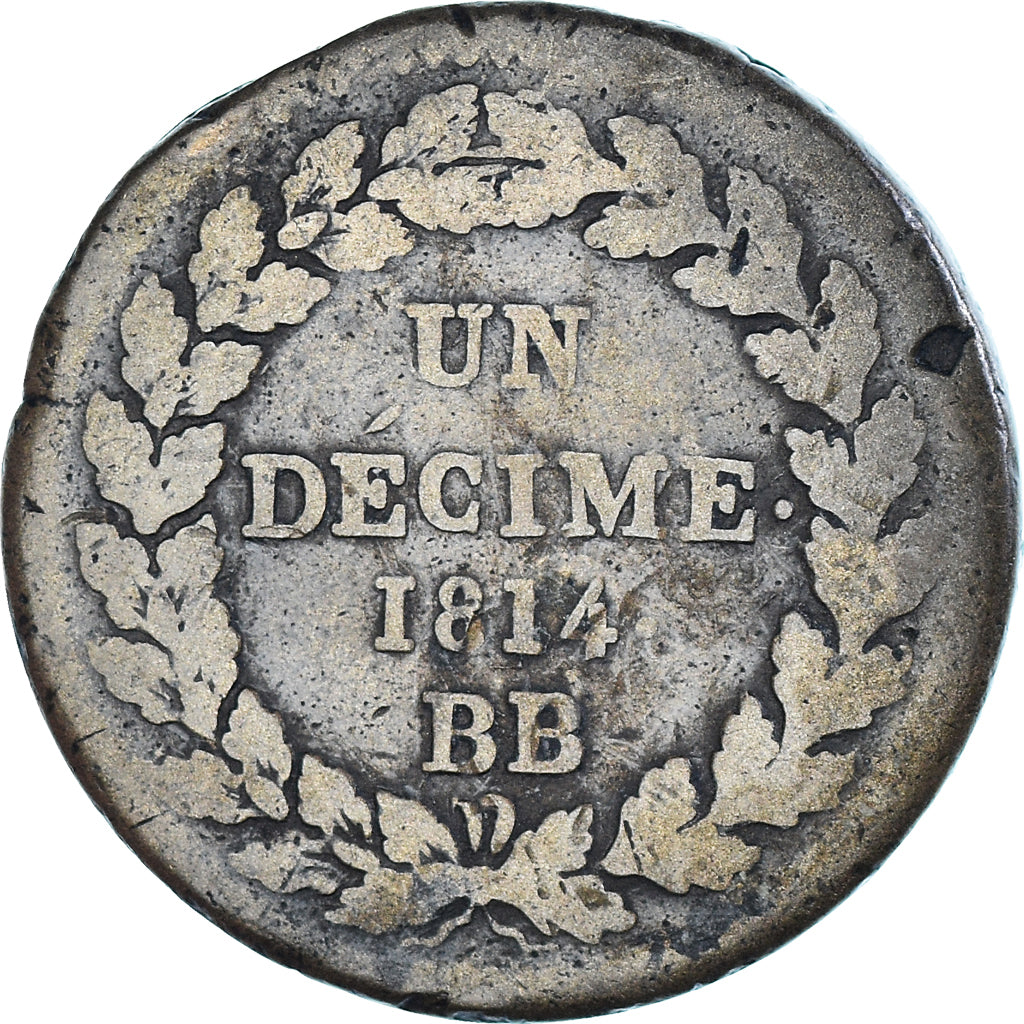 Monnaie, France, Napoleon I, 1 Décime, 1814, Strasbourg, B+, Bronze