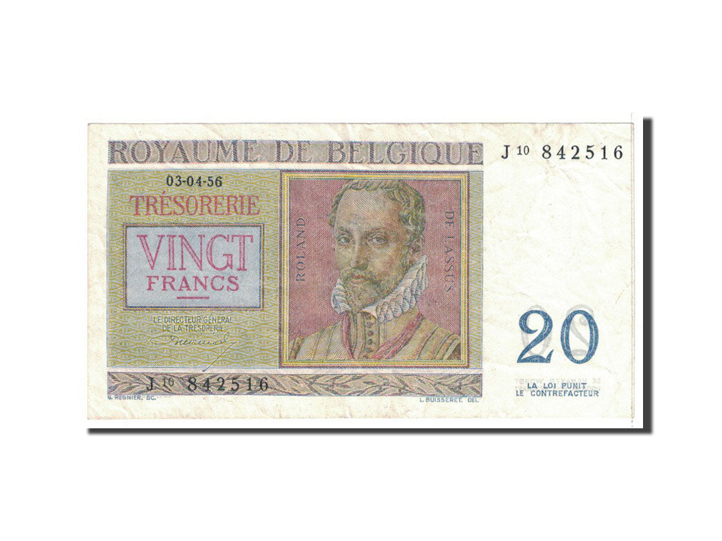 Banknote, Belgium, 20 Francs, 1956, 1956-04-03, KM:132b, AU(50-53)