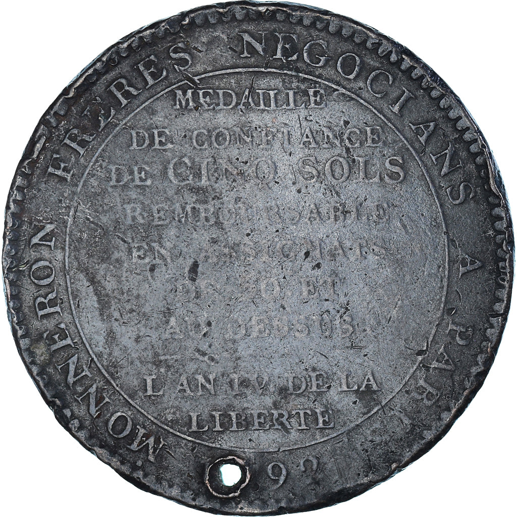 Coin, France, Au serment, Monneron de 5 Sols, 1792, Birmingham, VF(30-35)