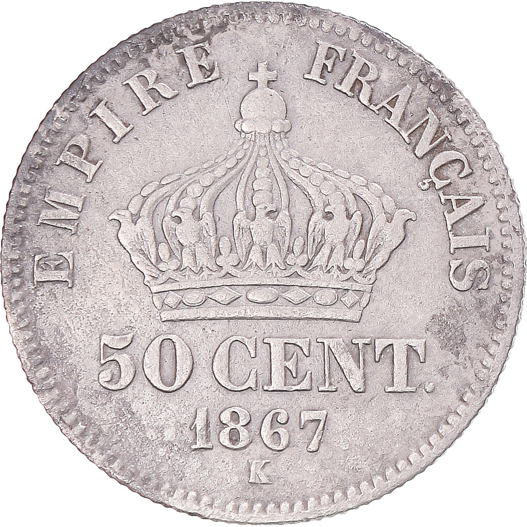 Moneta, Francia, Napoleon III, 50 Centimes, 1867, Bordeaux, BB, Argento