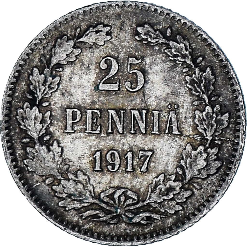 Munten, Finland, Nicholas II, 25 Penniä, 1917, Helsinki, PR, Zilver, KM:6.2