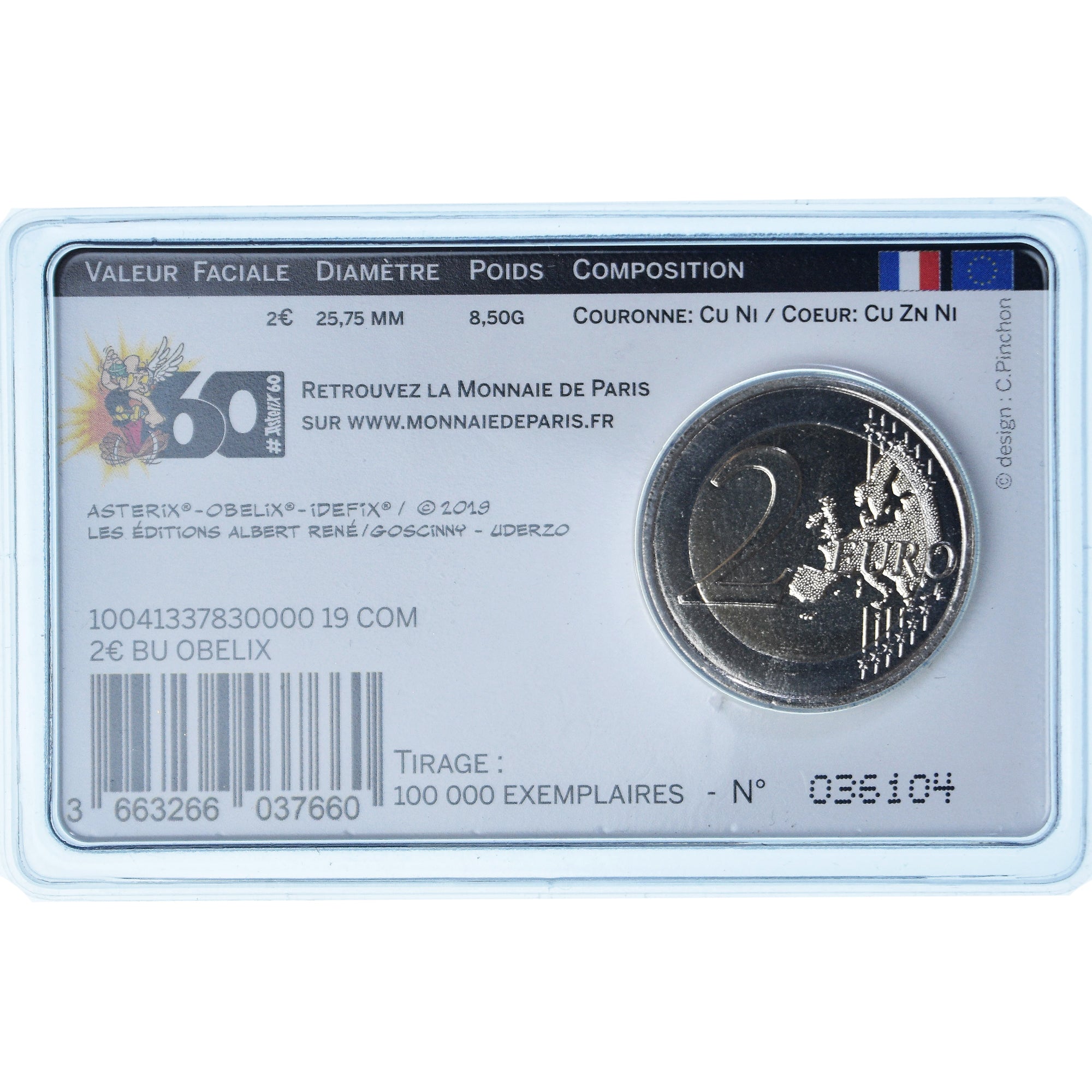 France, 2 Euro, 60 ans d'Astérix, 2019, Monnaie de Paris, BU,Card, MS(65-70)