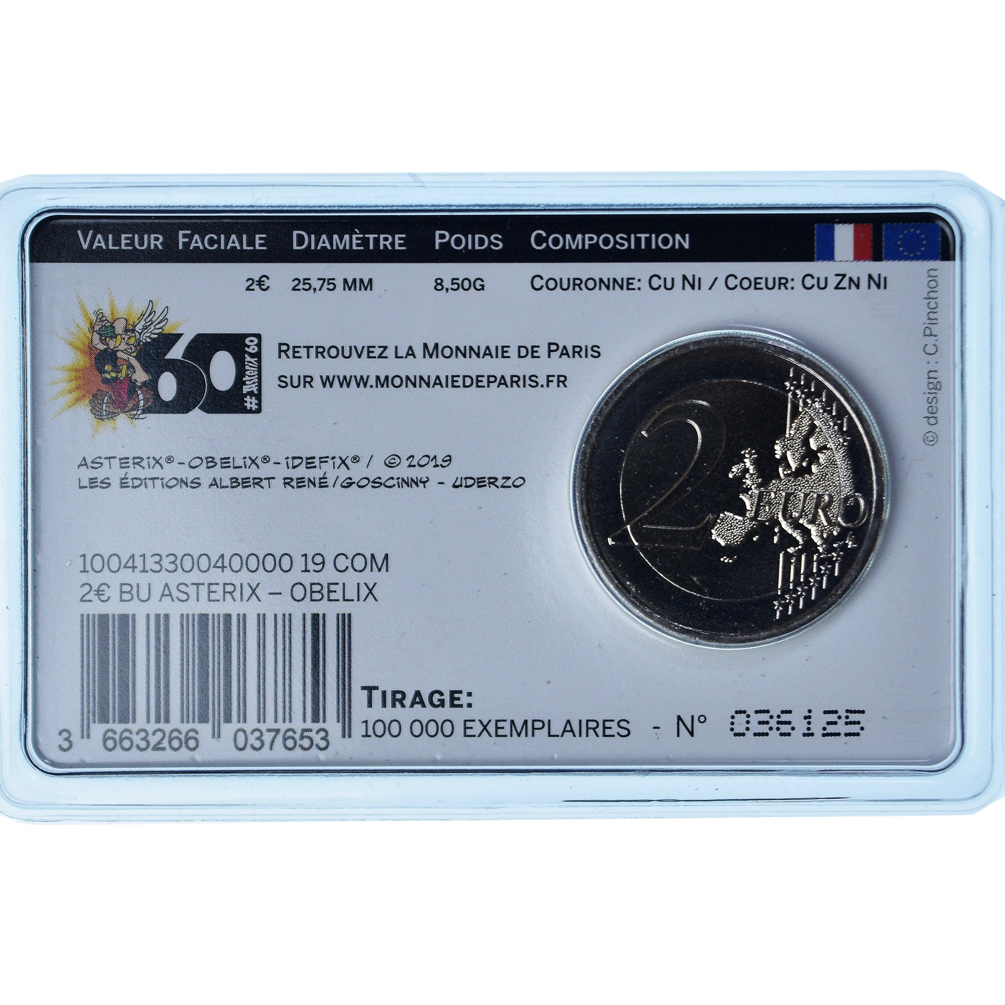 France, 2 Euro, 60 ans d'Astérix, 2019, Monnaie de Paris, BU,Card, MS(65-70)