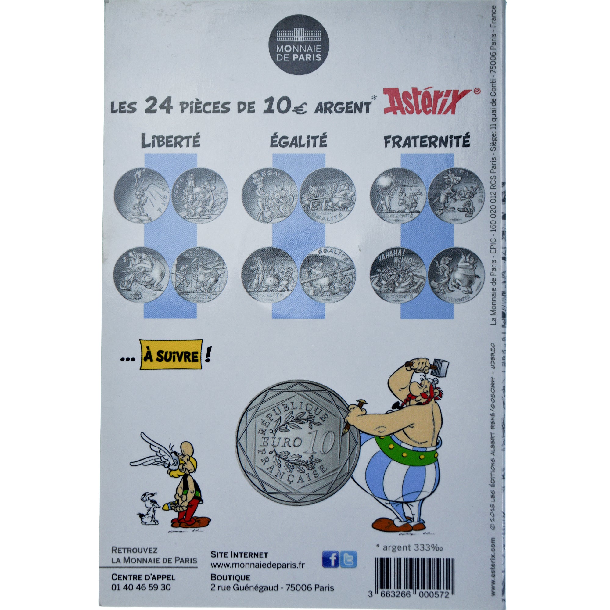 France, 10 Euro, Astérix - Fraternité, 2015, Monnaie de Paris, MS(64), Silver