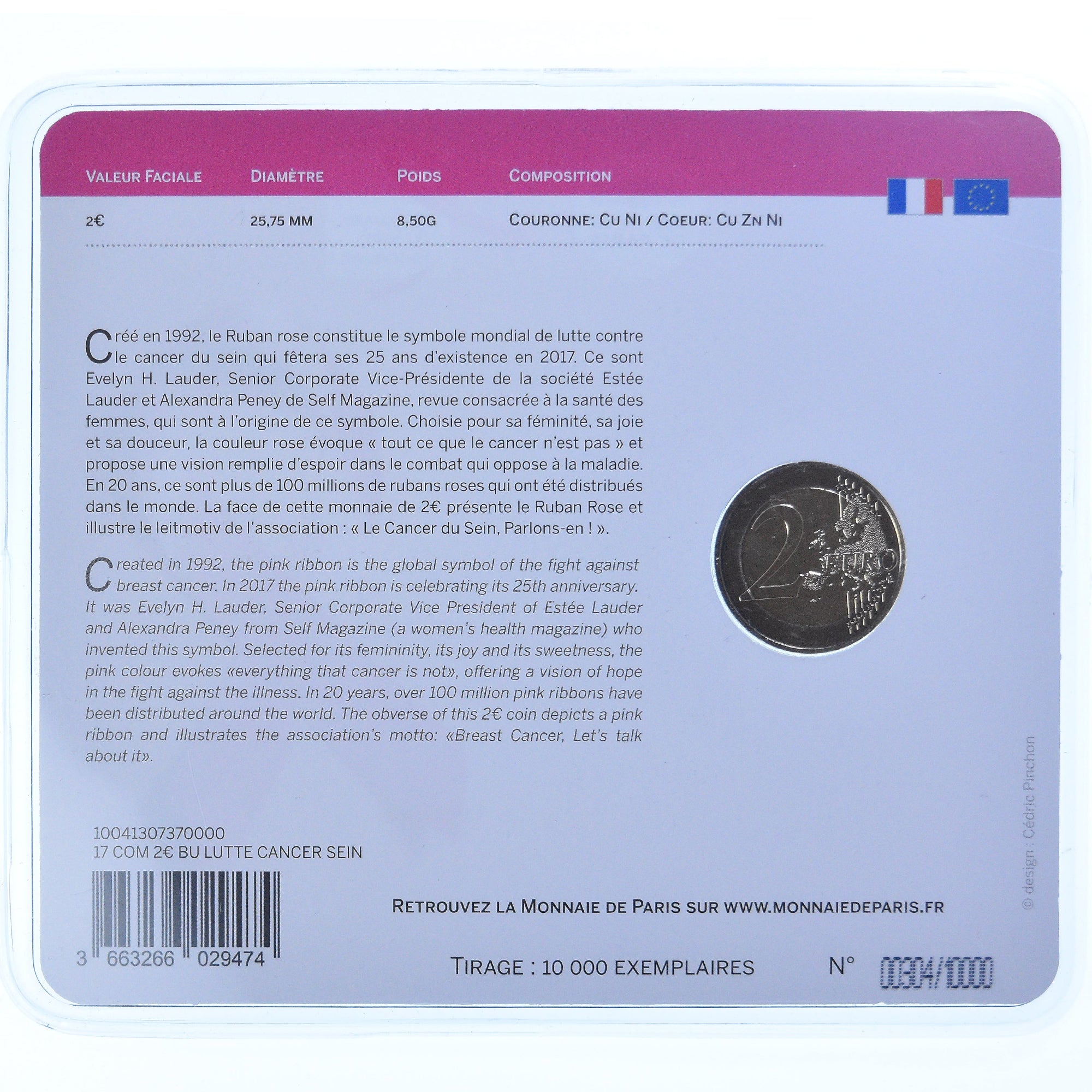 France, 2 Euro, cancer du sein, 2017, Monnaie de Paris, Colorized, MS(65-70)