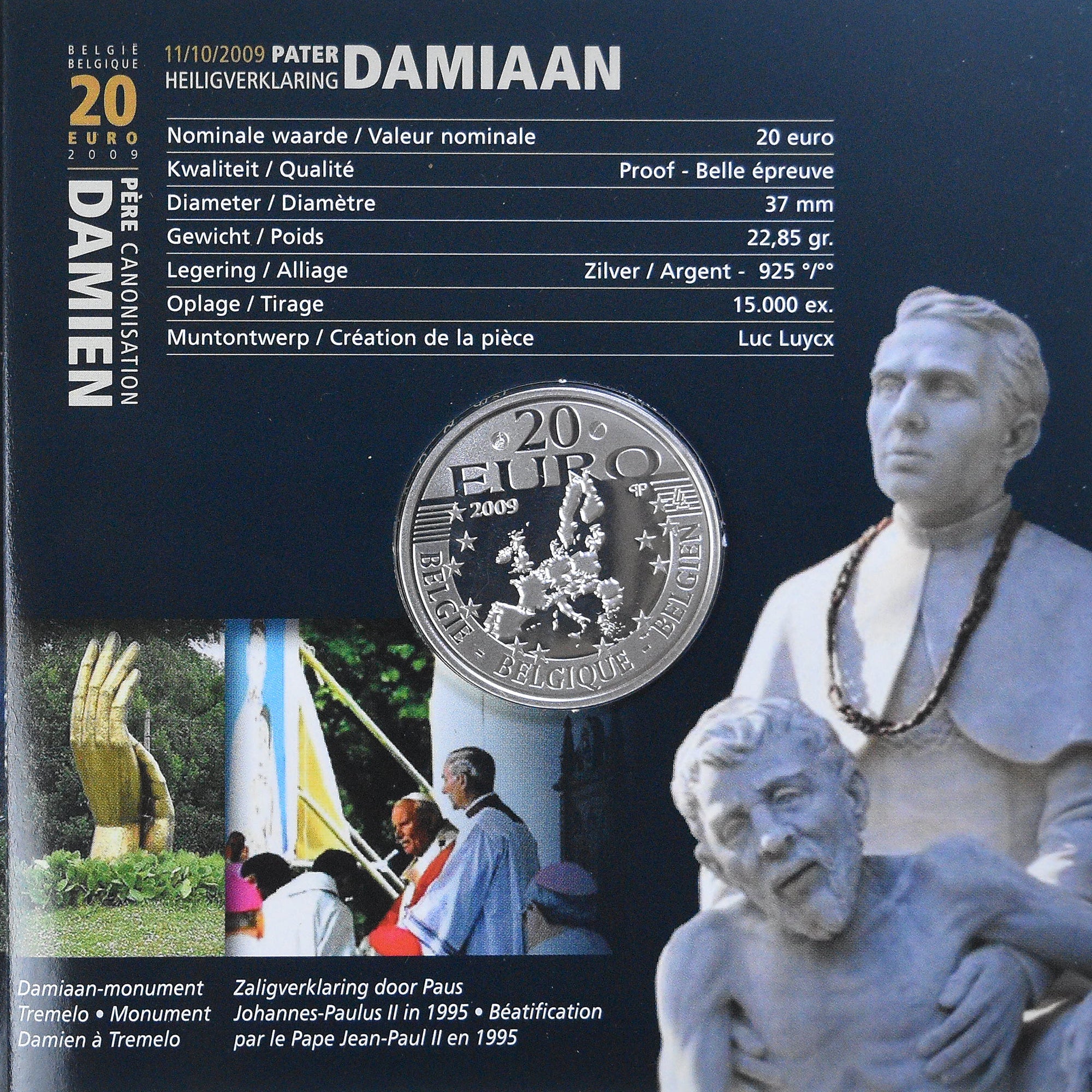 Belgium, 20 Euro, Canonisation de Père Damien, 2009, Proof / BE, MS(65-70)