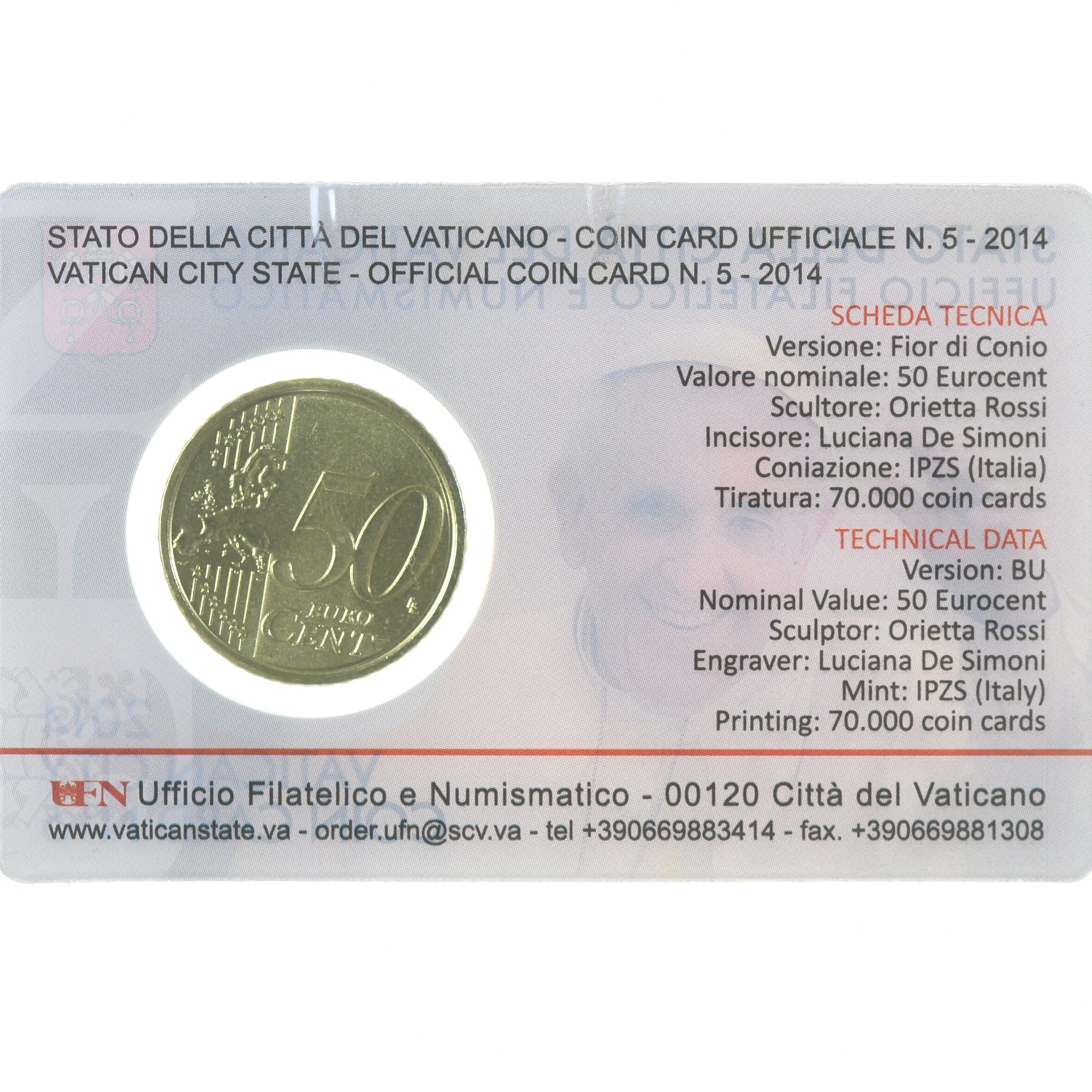 Vatican, Pape Benoit XVI, 50 Euro Cent, 2014, Rome, Coin card, MS(65-70), Brass