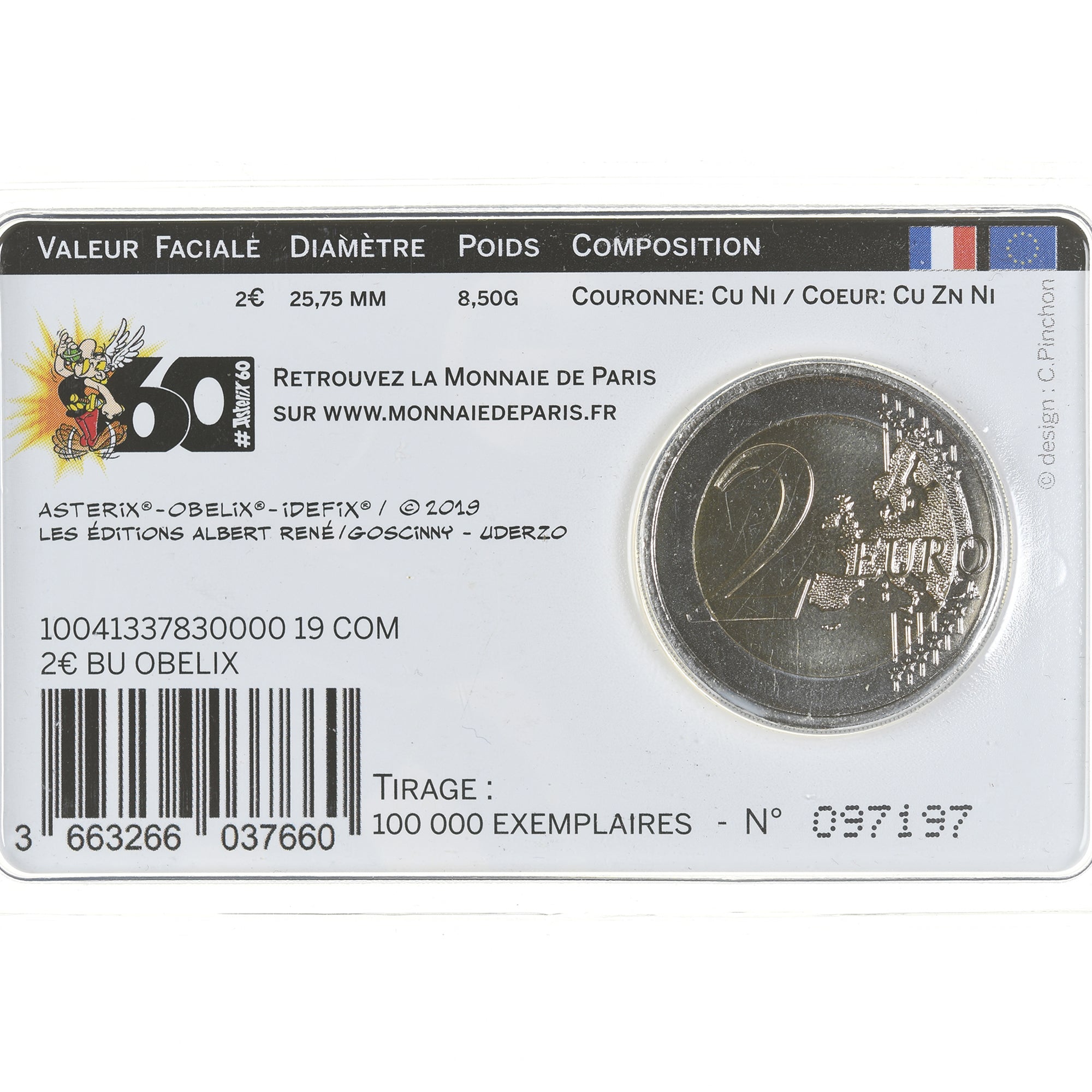 France, 2 Euro, 60 ans d'Astérix, 2019, Monnaie de Paris, Coin Card .BU, FDC