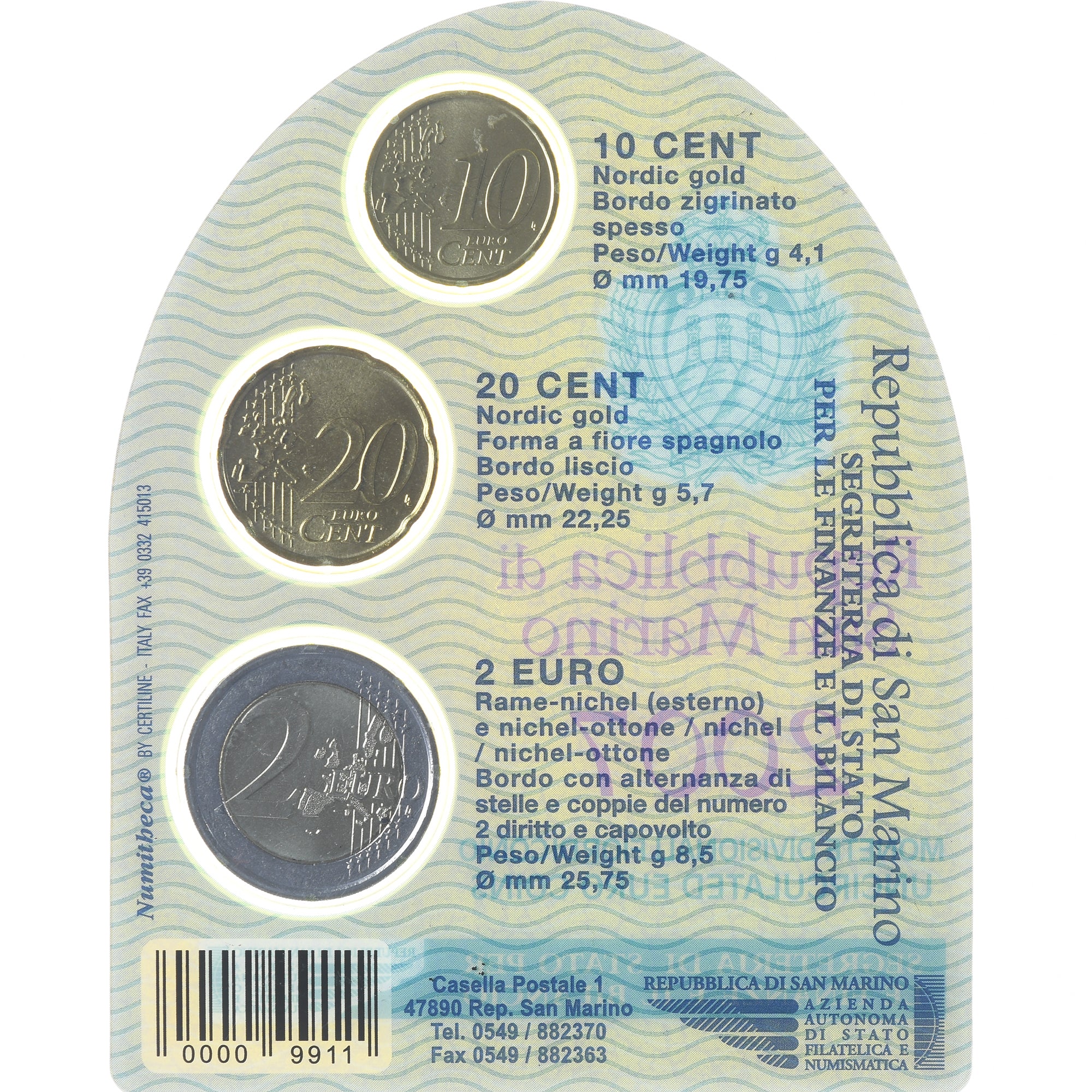 San Marino, Set 10 ct, 20 ct, 2€, 2007, Rome, FDC, FDC, Sin información